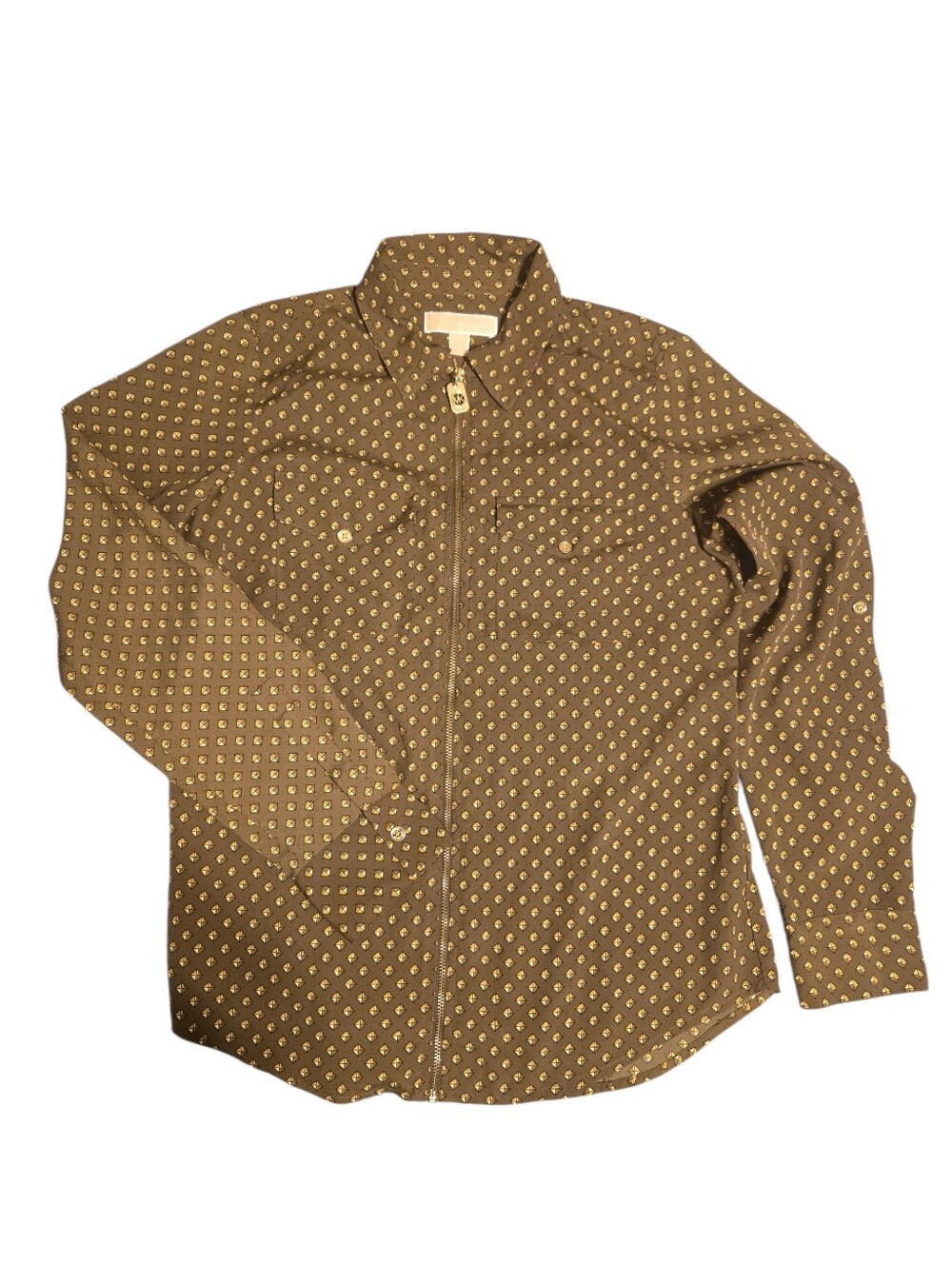 Michael Kors Blouse Zip Front  4 Pockets Women's Olive Browish Print Sz 4